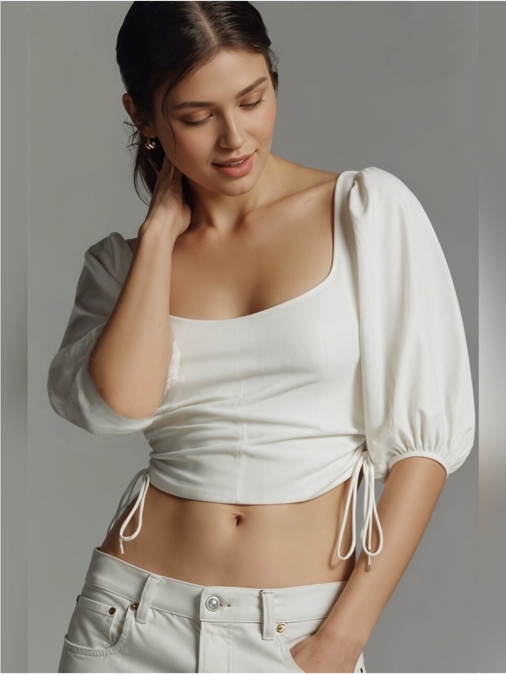 Abercrombie and Fitch White Tie Sides Puff Sleeve Crop Top Size M